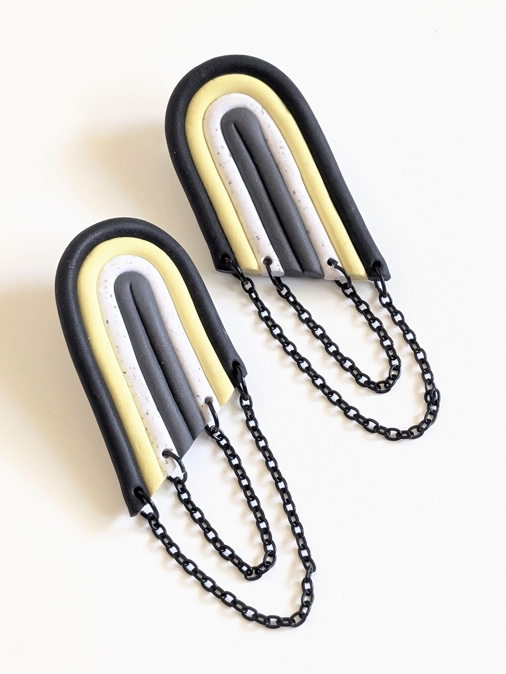 Black, Yellow & Gray Rainbow Arch Drop Earrings with Black Chain